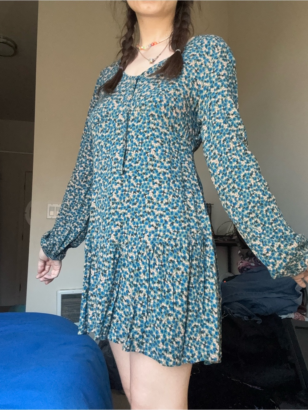 Floral Blue Long-Sleeve Mini Dress